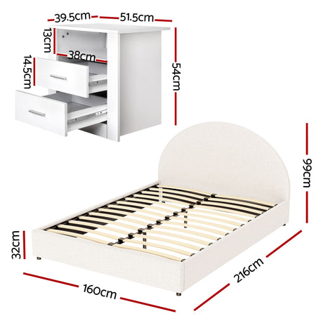 Vinci Queen Bed Frame with Bedside Table, Beige