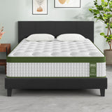 Annandale faux linen upholstered platform bed with a matching pocket coil mattress in a bedroom