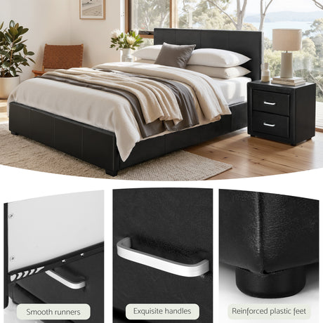 Pescia Queen Bed Frame with Bedside Table, Black
