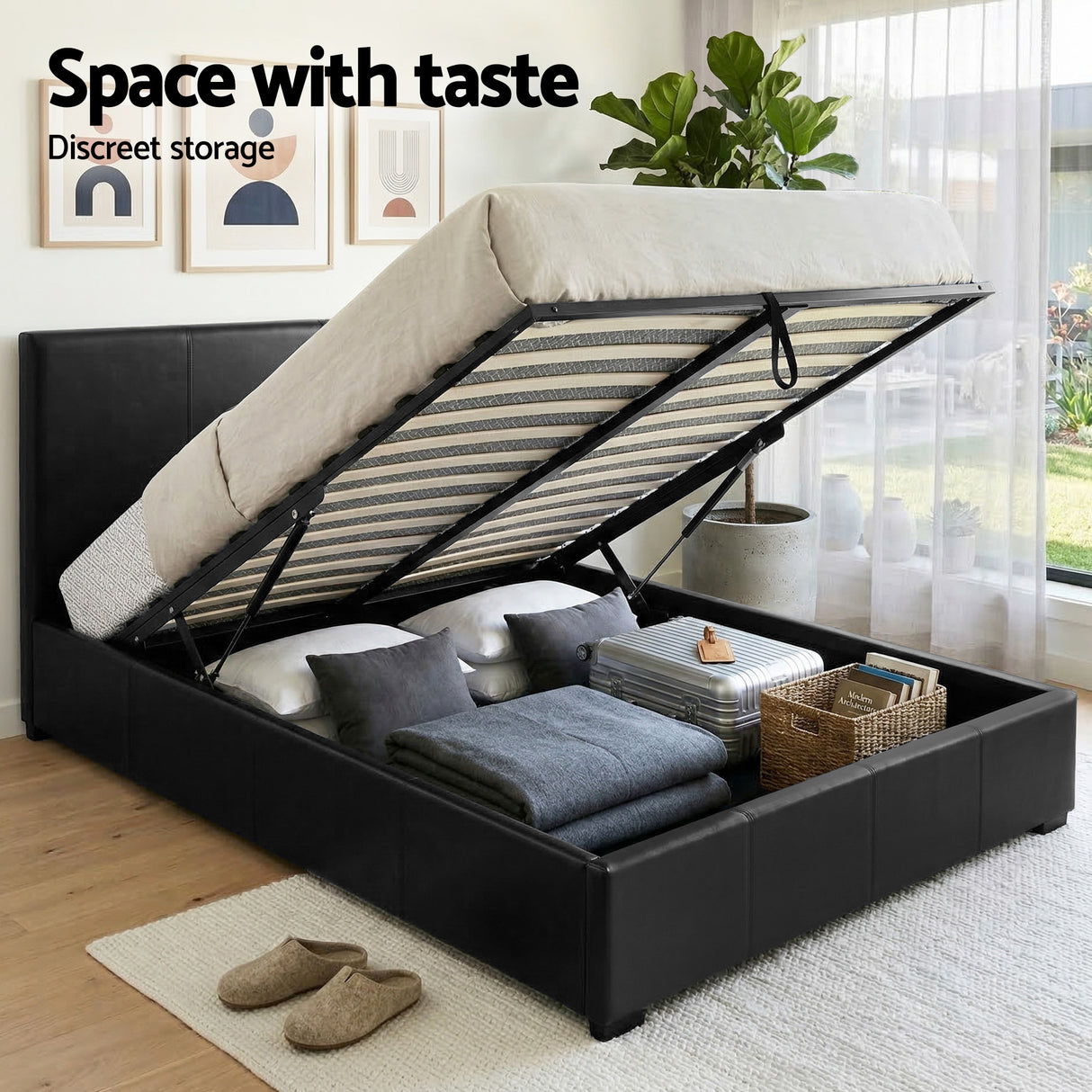 Lennox Gas Lift Queen Bed with 2 Bedsides, Black, view 4