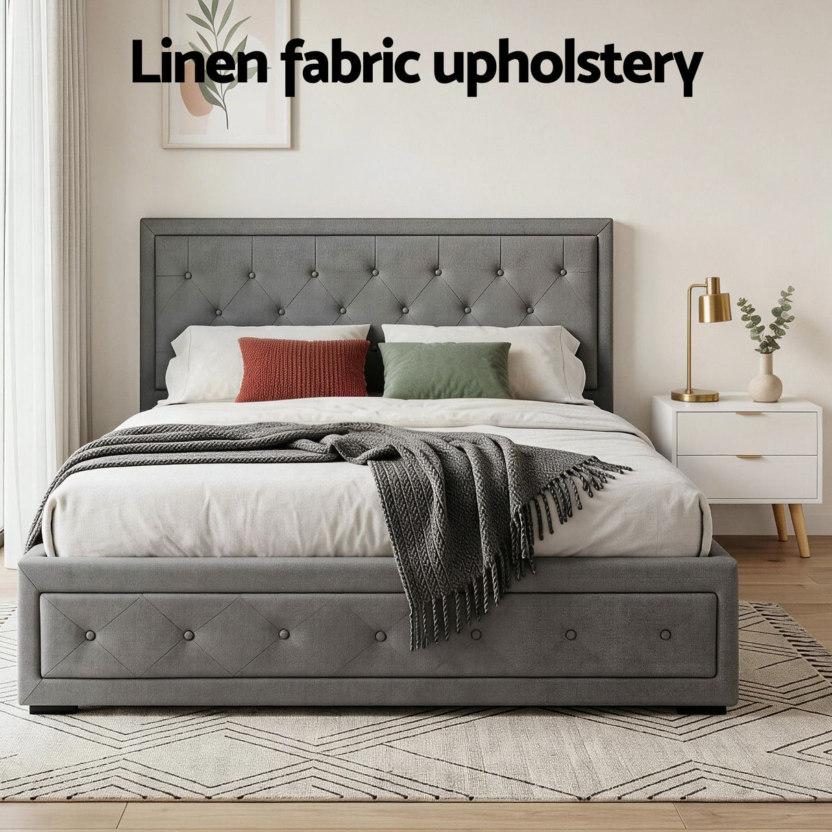 Bergen Upholstered Queen Gas Lift Bed with Bedside Table, view 5