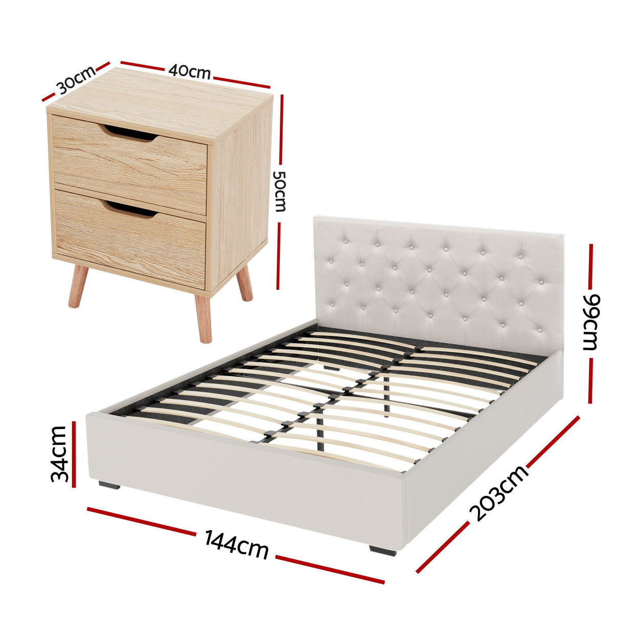 Certaldo Double Bed Frame with Bedside Table, Beige