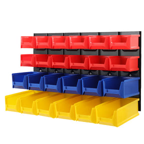 24 bin wall mounted storage rack with louvred steel panel