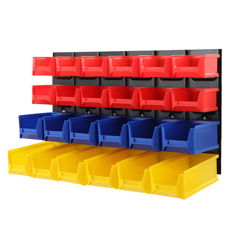 24 bin wall mounted storage rack with louvred steel panel