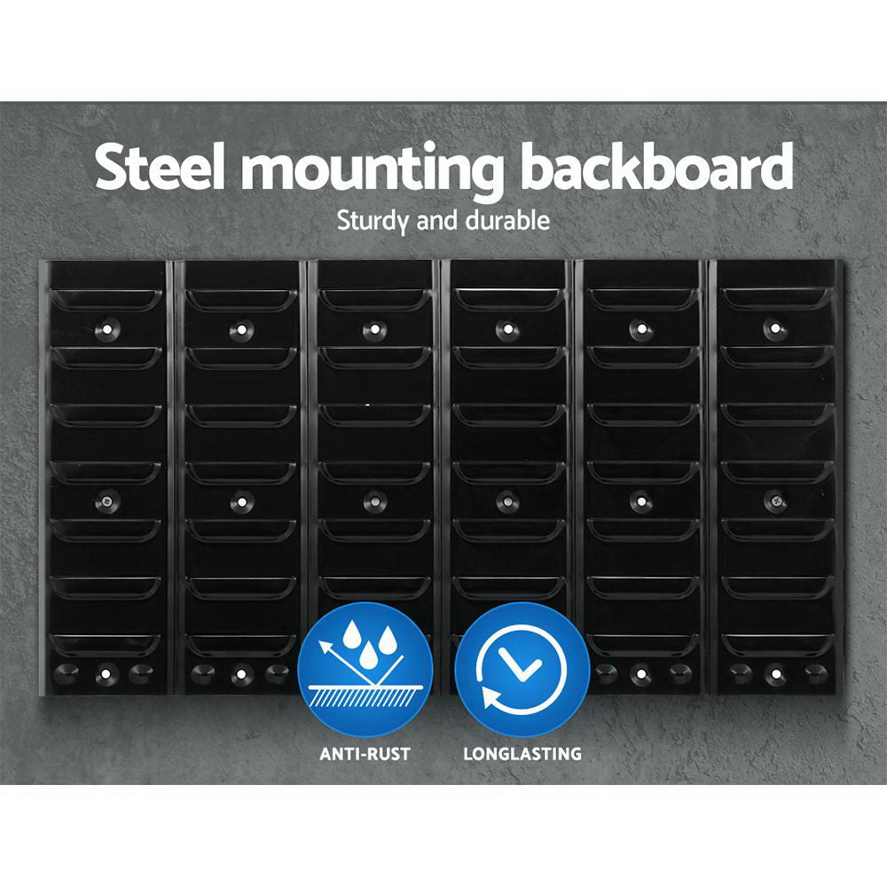 24 bin wall mounted storage rack with louvred steel panel