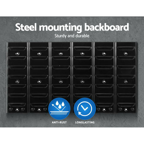 24 bin wall mounted storage rack with louvred steel panel