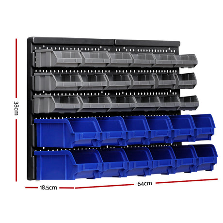 60 bin wall mounted storage rack with pegboards