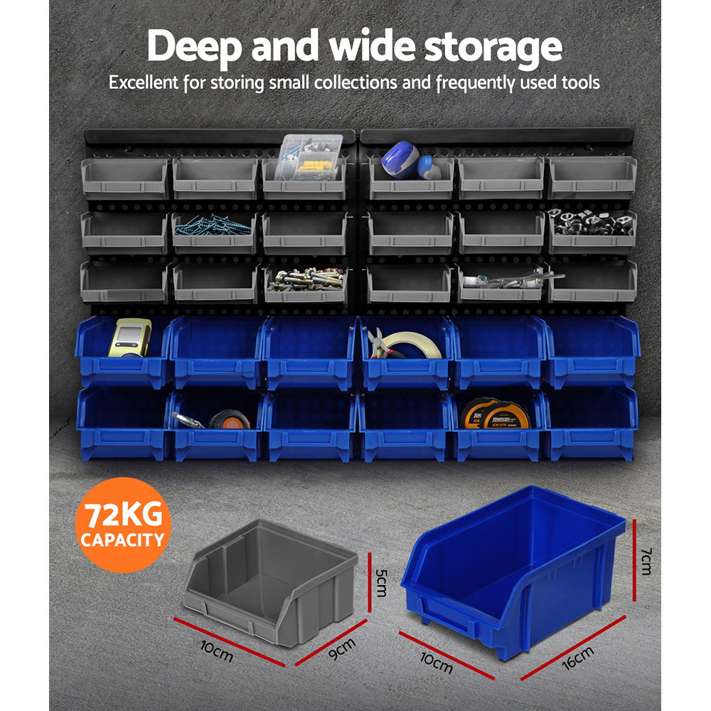 60 bin wall mounted storage rack with pegboards