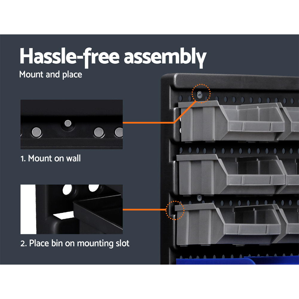 60 bin wall mounted storage rack with pegboards