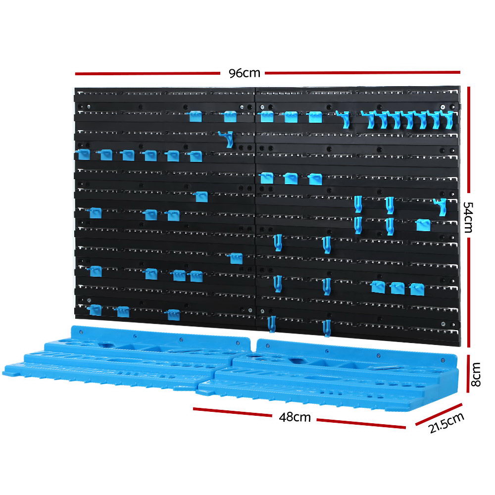 108 piece wall mounted tool storage rack blue and black