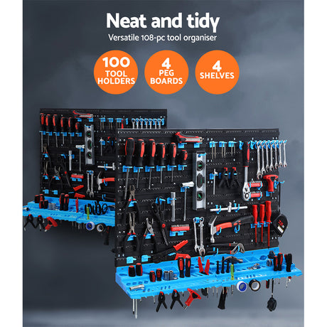 108 piece wall mounted tool storage rack blue and black