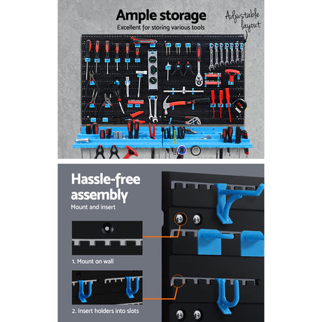 108 piece wall mounted tool storage rack blue and black