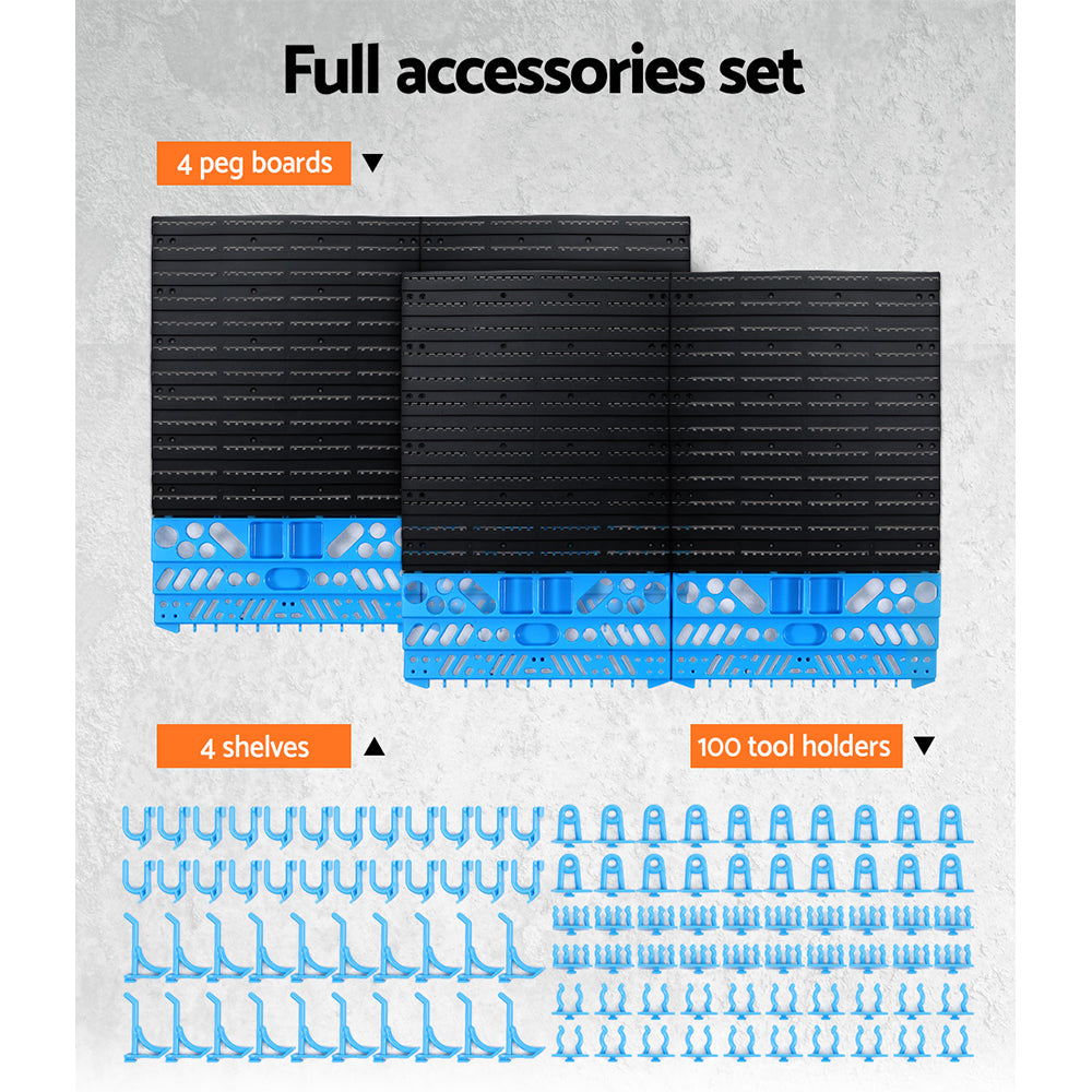 108 piece wall mounted tool storage rack blue and black