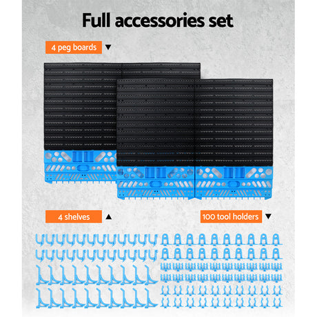108 piece wall mounted tool storage rack blue and black