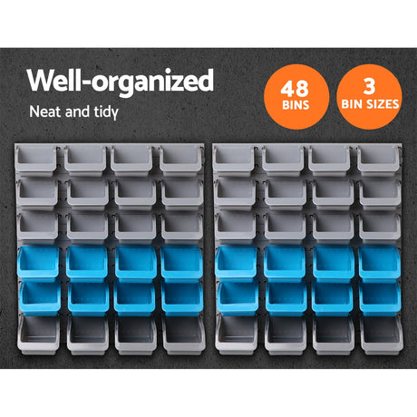 48 bin wall mounted storage rack with steel pegboards