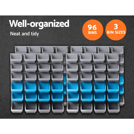 96 bin wall mounted storage rack with pegboard view 5