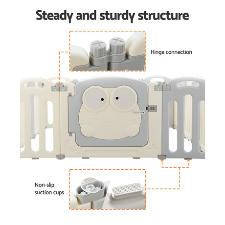 Baby Playpen with 16 Panels and Safety Gate, Grey and White - view 7