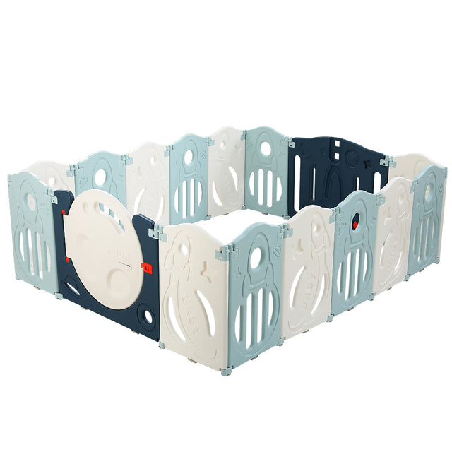 Baby Playpen with 16 Panels and Safety Gate, Blue and White - view 1
