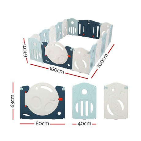 Baby Playpen with 16 Panels and Safety Gate, Blue and White - view 2