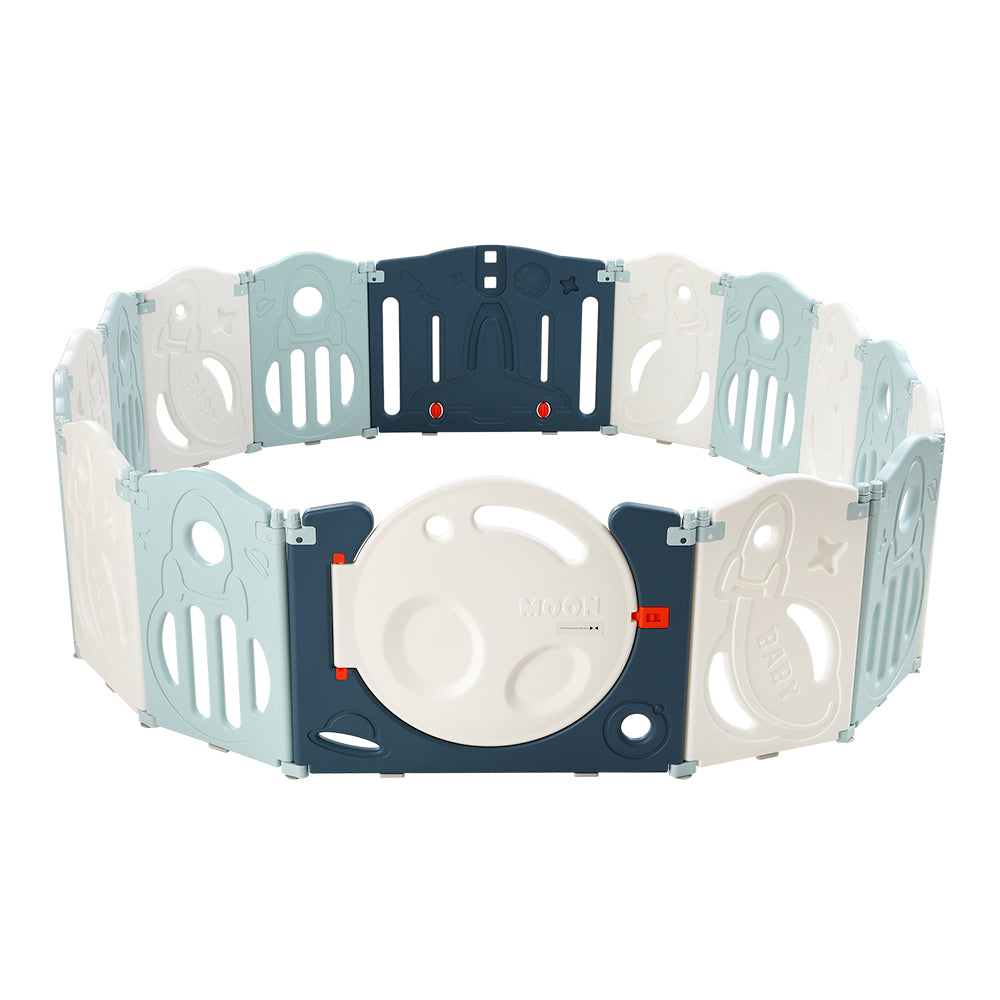 Baby Playpen with 16 Panels and Safety Gate, Blue and White - view 3