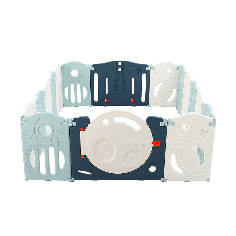 Baby Playpen with 16 Panels and Safety Gate, Blue and White - view 4