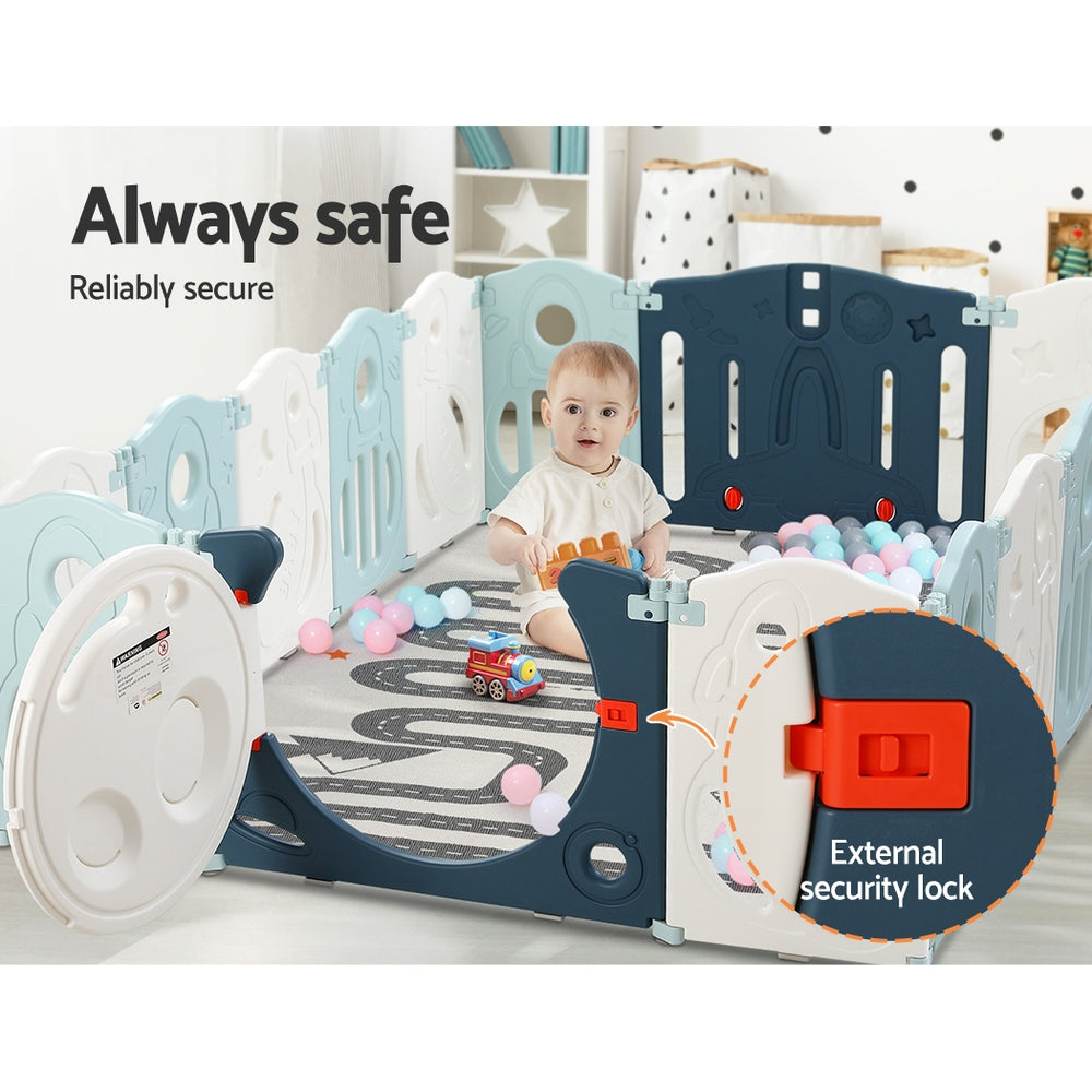 Baby Playpen with 16 Panels and Safety Gate, Blue and White - view 5