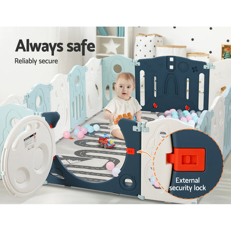 Baby Playpen with 16 Panels and Safety Gate, Blue and White - view 5