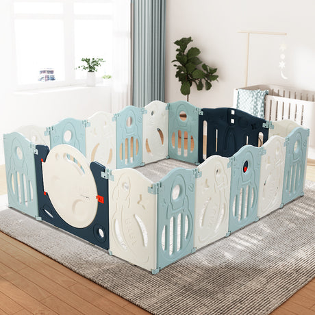 Baby Playpen with 16 Panels and Safety Gate, Blue and White - view 8
