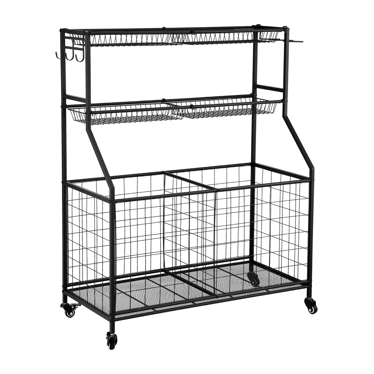 Sports equipment storage trolley with wheels, black