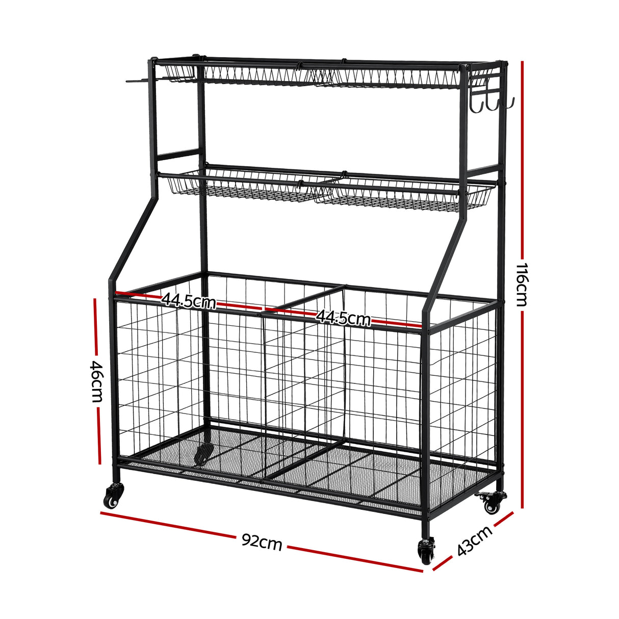 Sports equipment storage trolley with wheels, black