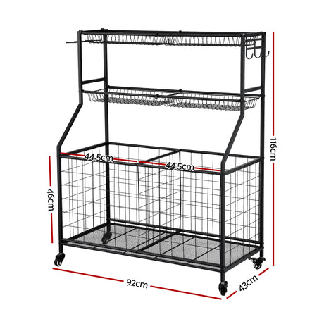 Sports equipment storage trolley with wheels, black