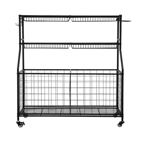 Sports equipment storage trolley with wheels, black