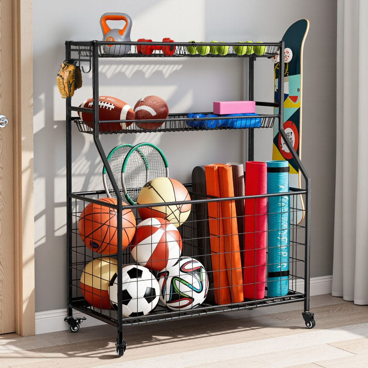 Sports equipment storage trolley with wheels, black