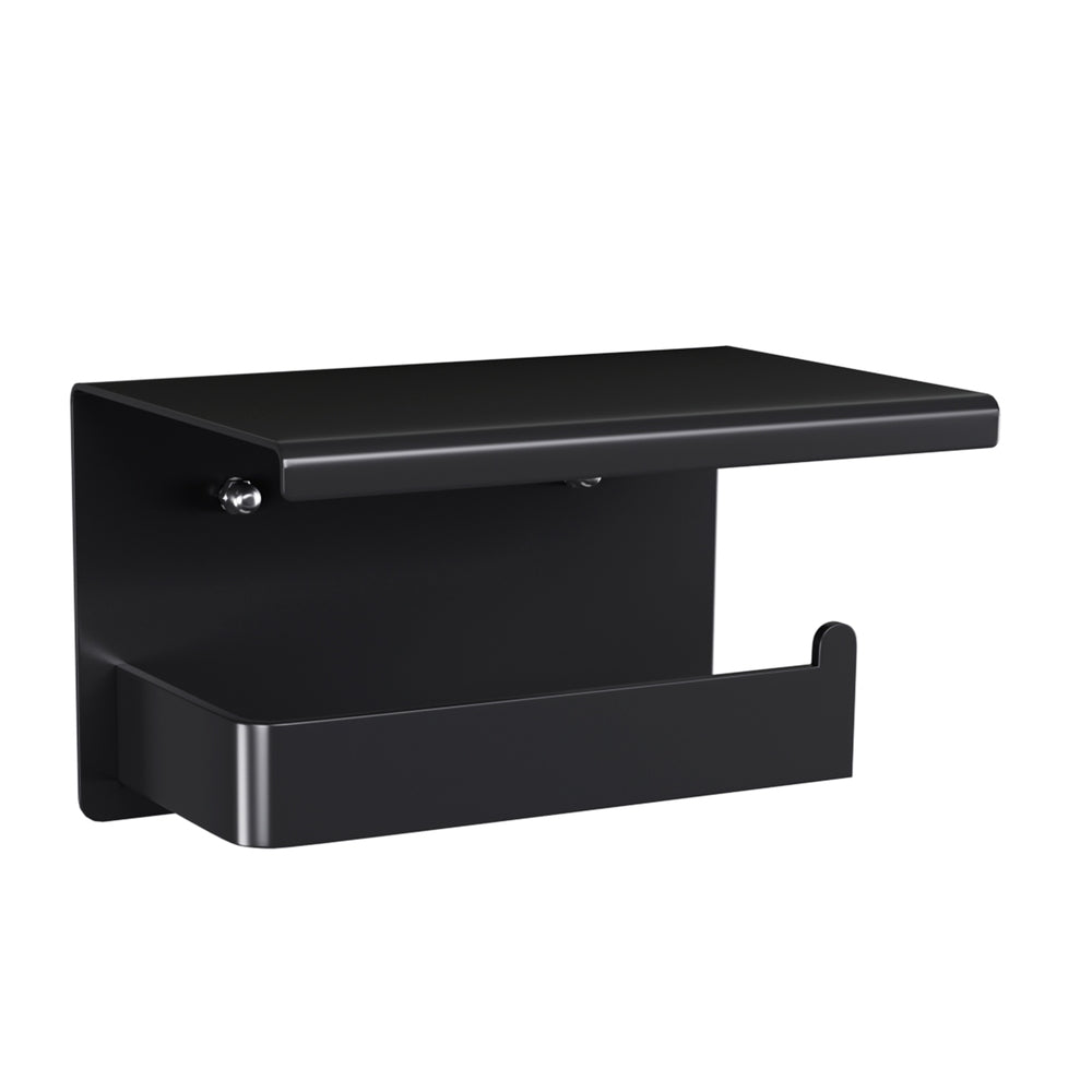 Black stainless steel toilet paper holder with a flat top shelf