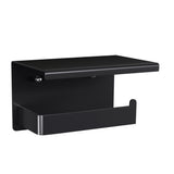 Black stainless steel toilet paper holder with a flat top shelf