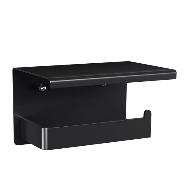 Black stainless steel toilet paper holder with a flat top shelf