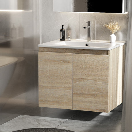 Bordertown 600mm Wall Hung Bathroom Vanity Unit with Basin, Oak