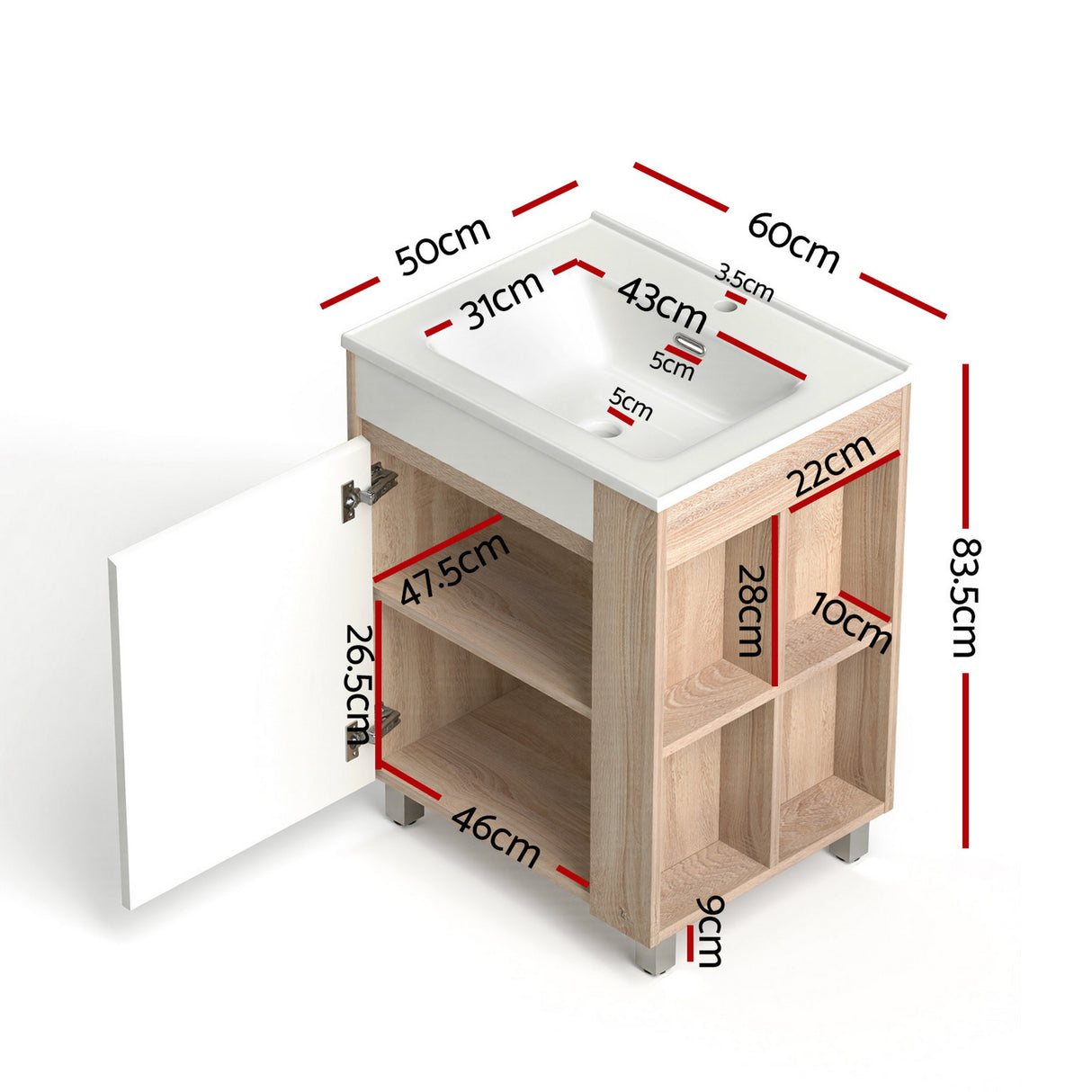 Robe 600mm free standing bathroom vanity unit with basin in white and pine