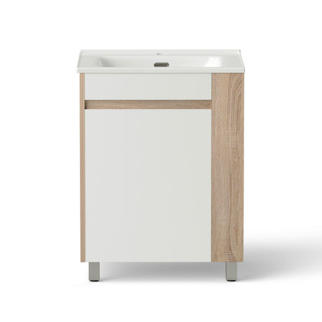 Robe 600mm free standing bathroom vanity unit with basin in white and pine
