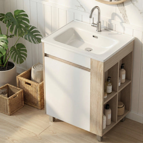 Robe 600mm free standing bathroom vanity unit with basin in white and pine