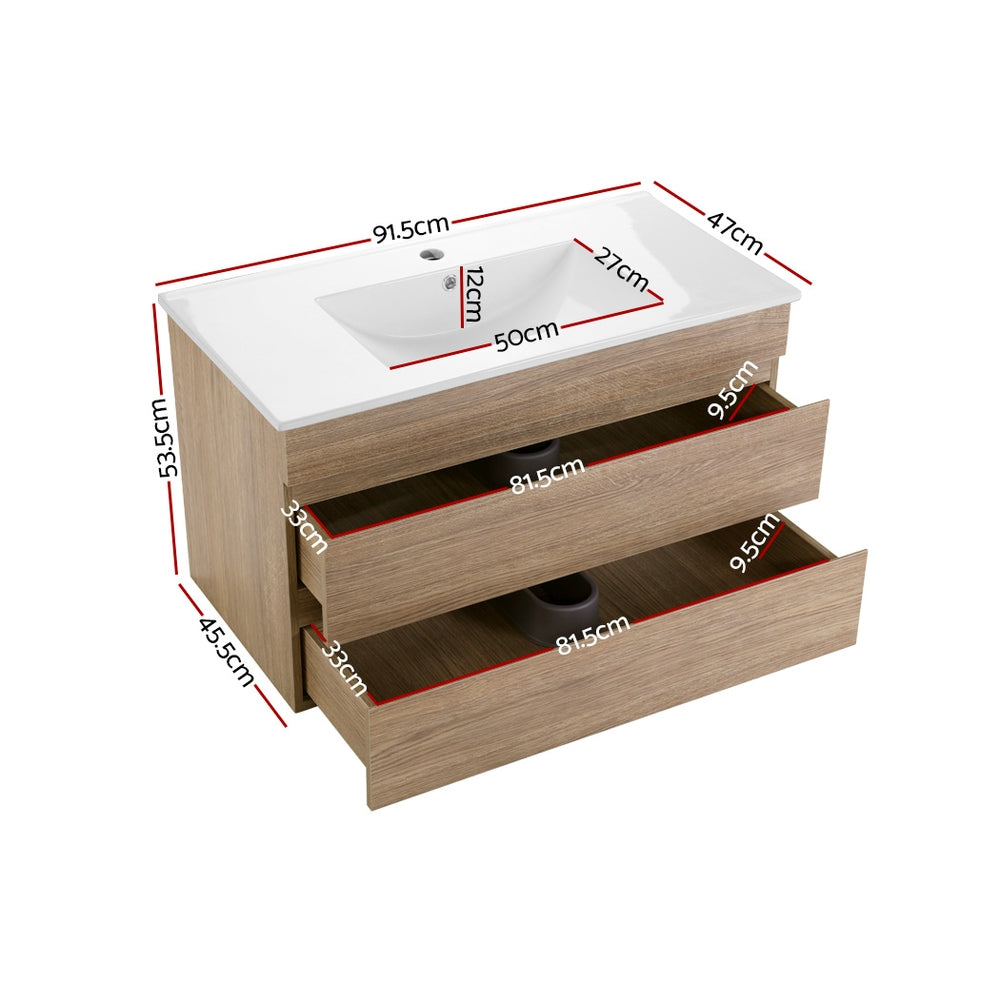 Mount Gambier 915mm wall hung bathroom vanity unit with basin in oak