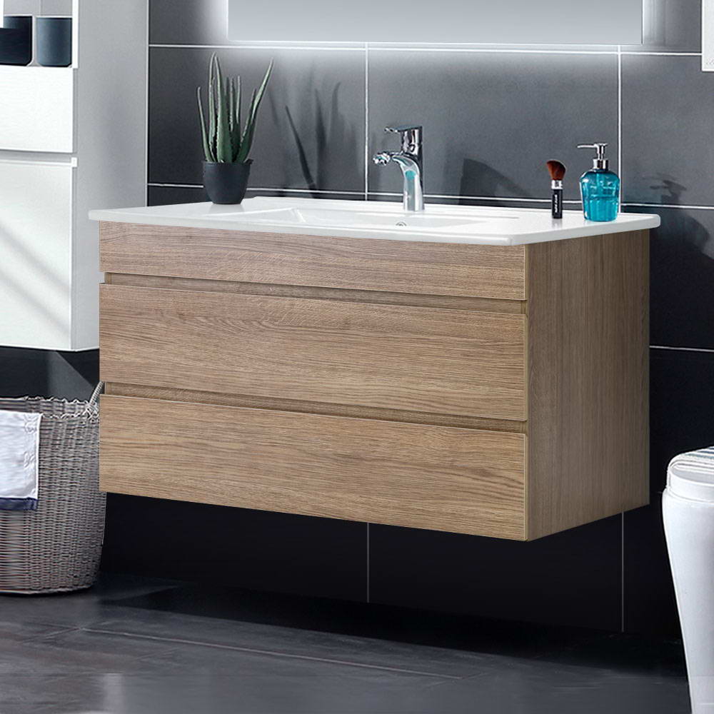 Mount Gambier 915mm wall hung bathroom vanity unit with basin in oak