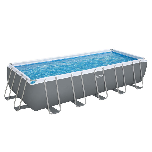 Deep rectangular above ground steel frame swimming pool with filter pump
