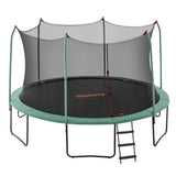 Dark green 14ft round trampoline with full safety enclosure net and ladder in a backyard