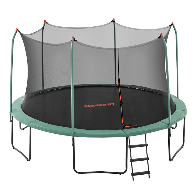 Dark green 14ft round trampoline with full safety enclosure net and ladder in a backyard