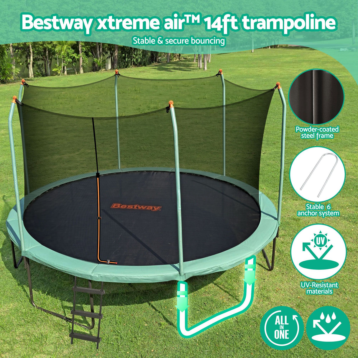 Yeppoon Round Trampoline with Enclosure and Ladder, 14ft