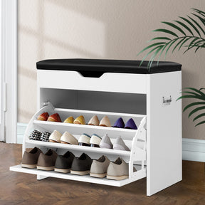 Everett PU leather shoe storage bench with hidden tiers holding 15 pairs in an entryway