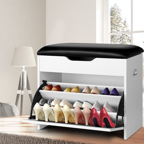 Artiss 3-Tier 15-Pair PU Leather Shoe Storage Bench — White or Walnut — Allure Home Collections