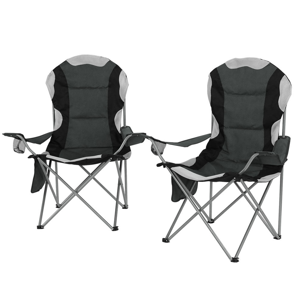 Grey folding camp chairs with armrests and powder coated steel frames set of two