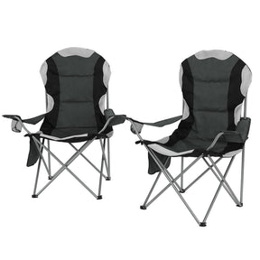 Grey folding camp chairs with armrests and powder coated steel frames set of two